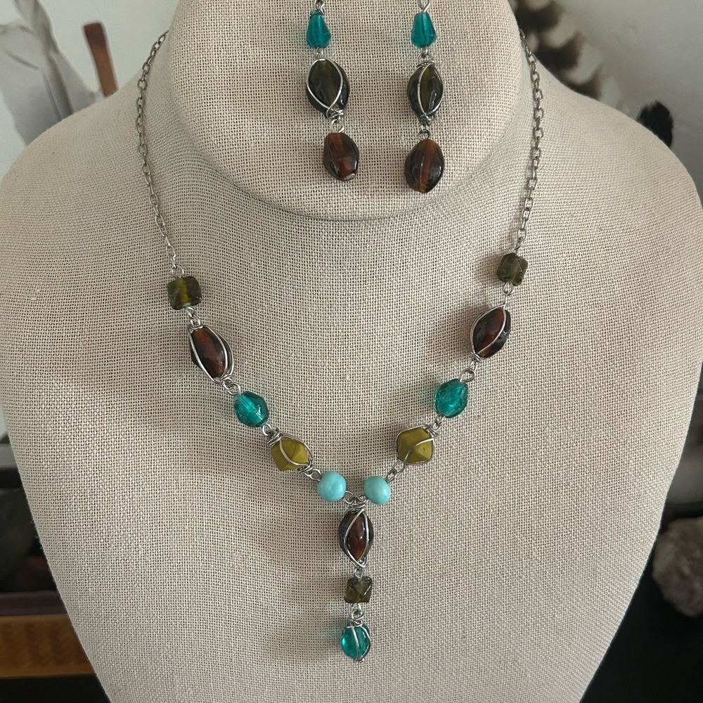 Vintage Teal & Brown Gemstones Sterling Silver Wire Beaded Necklace Earrings Set